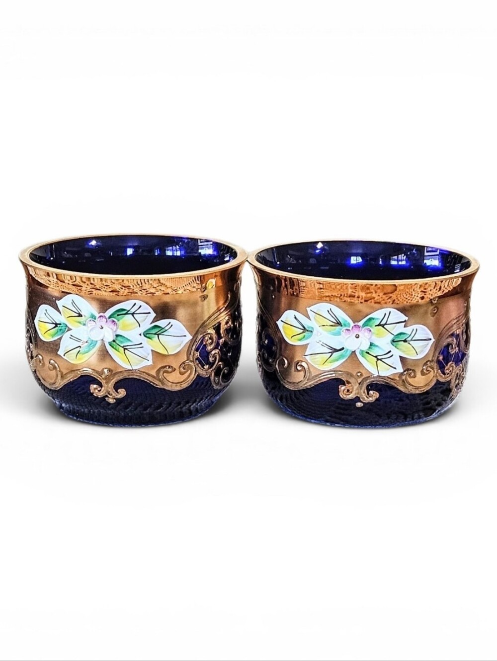 Murano Hand Painted Enameled 24K Gold Cobalt Blue Glass Dishes Bowls Trinket 2